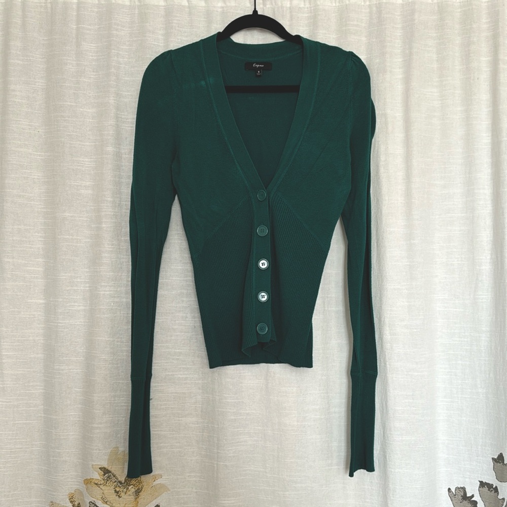 Express Fitted Small Green Button-Up Cardigan